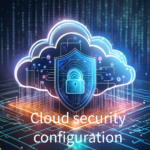 A cloud icon with a padlock and shield symbol, representing cloud security configuration, against a digital background.