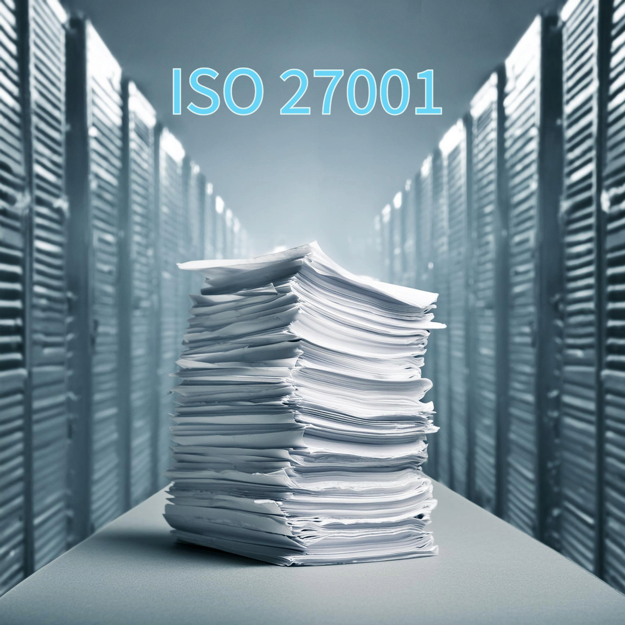 A stack of documents labeled "ISO 27001" in a secure data storage facility.