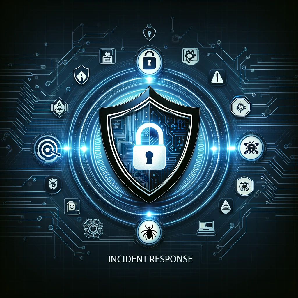 A digital shield with a lock at the center, surrounded by various security incident icons, with the text 'Incident Response' at the bottom.