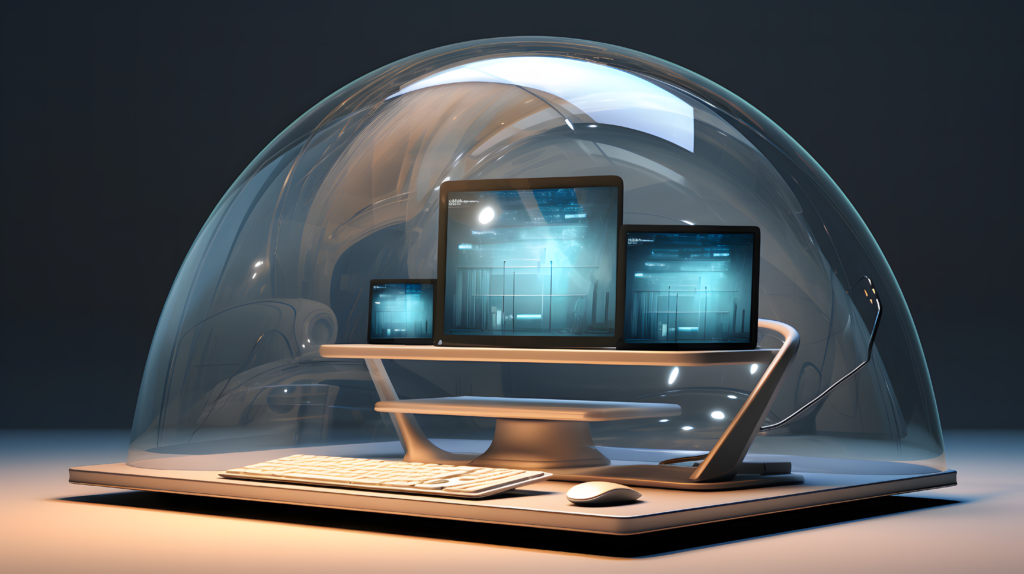 A modern computer workstation with multiple screens protected by a transparent dome, symbolizing advanced cybersecurity and data protection.